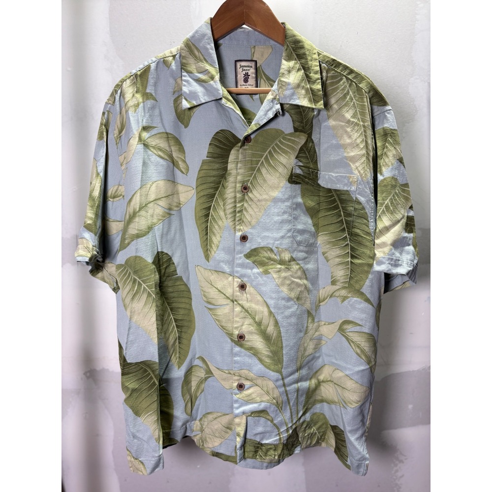 Jamaica Jaxx Mens Blue Green Tropical Leaf Print Short Sleeve Button Front Shirt